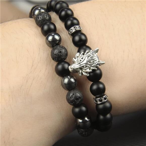 Mens Black Obsidian Bracelet Lava Stone Hematite Onyx Beaded Triple Protection - Picture 6 of 7
